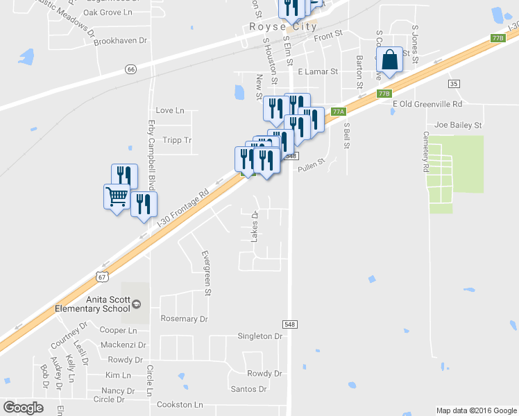 map of restaurants, bars, coffee shops, grocery stores, and more near 1005 Lavon Court in Royse City