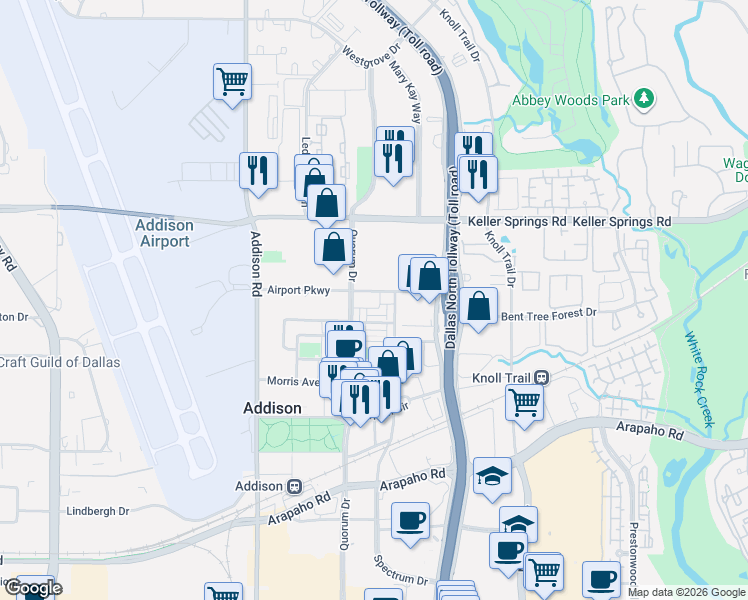 map of restaurants, bars, coffee shops, grocery stores, and more near 5015 Meridian Lane in Addison
