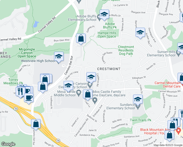 map of restaurants, bars, coffee shops, grocery stores, and more near 8465 Hovenweep Court in San Diego