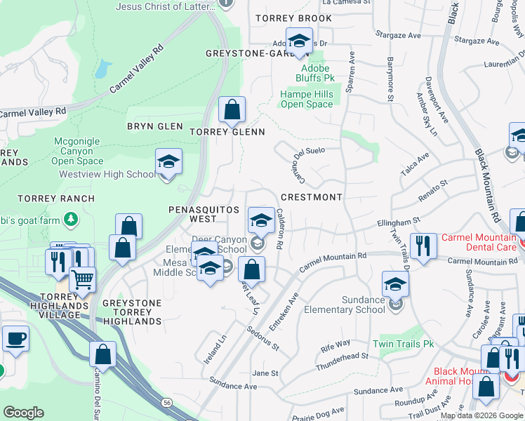 map of restaurants, bars, coffee shops, grocery stores, and more near 8465 Hovenweep Court in San Diego