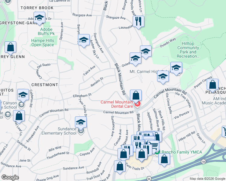 map of restaurants, bars, coffee shops, grocery stores, and more near 13447 Samantha Avenue in San Diego