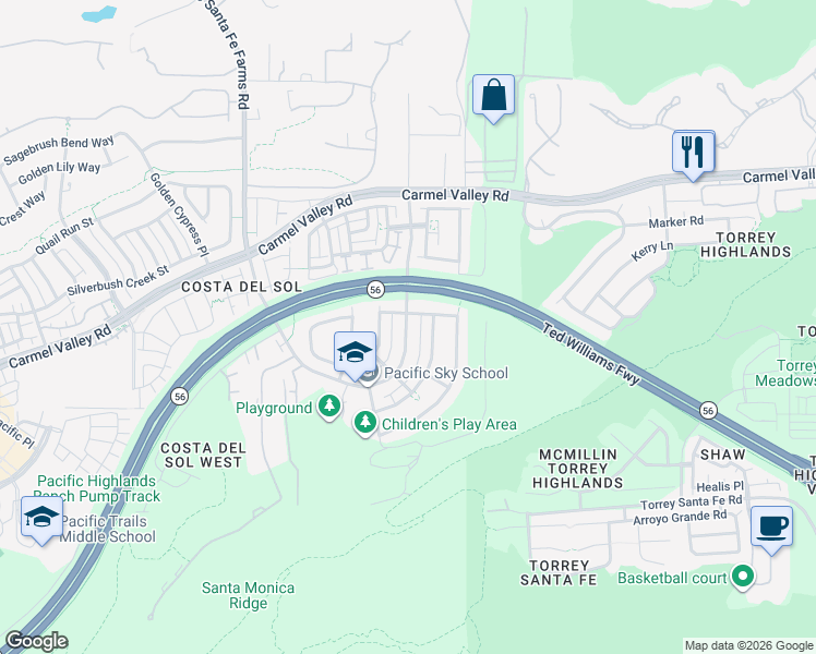 map of restaurants, bars, coffee shops, grocery stores, and more near 6780 Solterra Vista Parkway in San Diego