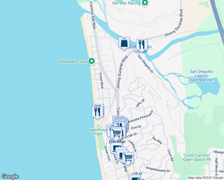 map of restaurants, bars, coffee shops, grocery stores, and more near 1926 Jimmy Durante Boulevard in Del Mar