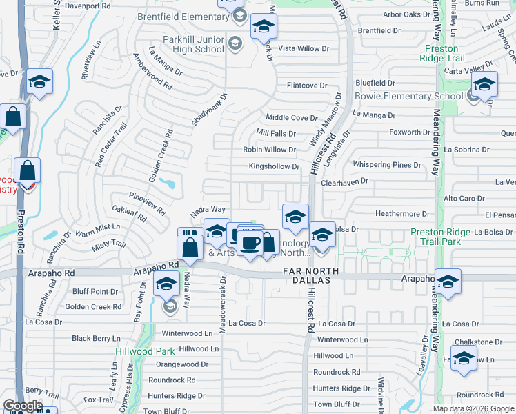 map of restaurants, bars, coffee shops, grocery stores, and more near 7000 Regalview Circle in Dallas