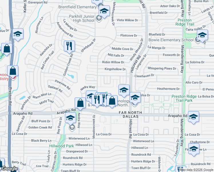map of restaurants, bars, coffee shops, grocery stores, and more near 6833 Anglebluff Circle in Dallas