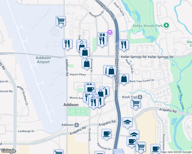 map of restaurants, bars, coffee shops, grocery stores, and more near 5015 Meridian Lane in Addison