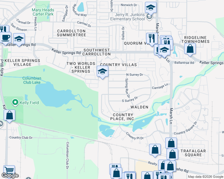 map of restaurants, bars, coffee shops, grocery stores, and more near 2700 Peach Tree Drive in Carrollton