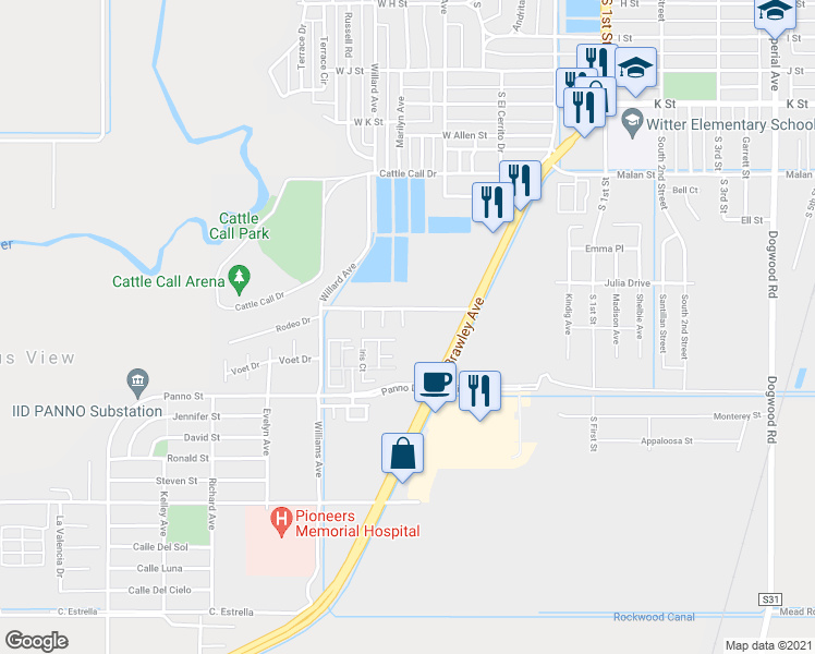 map of restaurants, bars, coffee shops, grocery stores, and more near 850 Orita Drive in Brawley