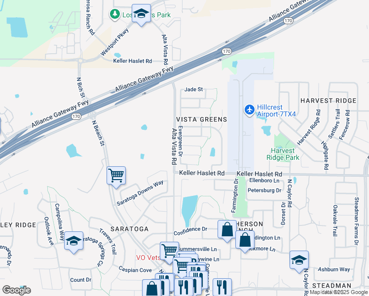 map of restaurants, bars, coffee shops, grocery stores, and more near 3704 Fiscal Court in Fort Worth