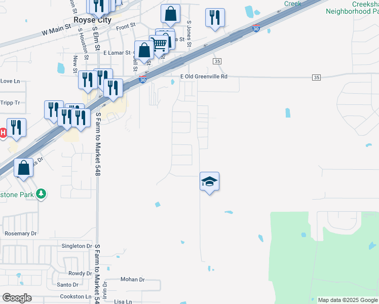 map of restaurants, bars, coffee shops, grocery stores, and more near 1065 Cemetery Road in Royse City