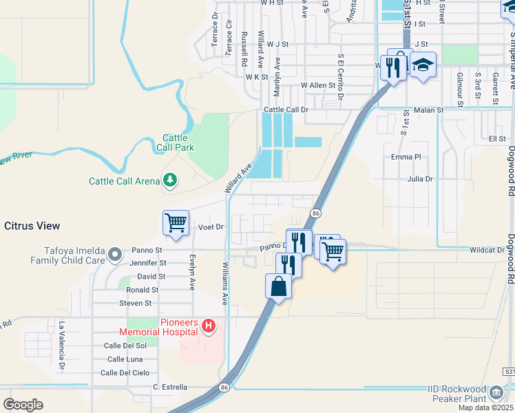map of restaurants, bars, coffee shops, grocery stores, and more near 848 Edgley Drive in Brawley