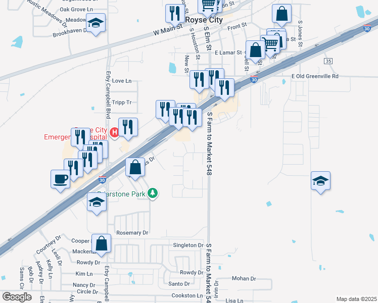map of restaurants, bars, coffee shops, grocery stores, and more near 1116 Falcon Court in Royse City