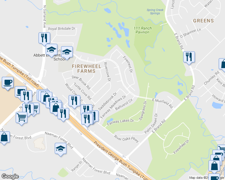 map of restaurants, bars, coffee shops, grocery stores, and more near 502 Rivercove Drive in Garland