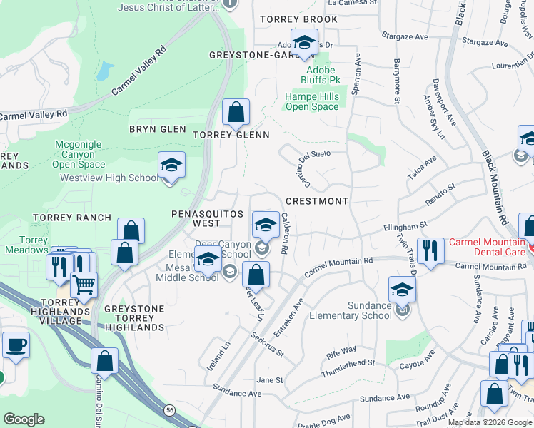 map of restaurants, bars, coffee shops, grocery stores, and more near 8465 Hovenweep Court in San Diego
