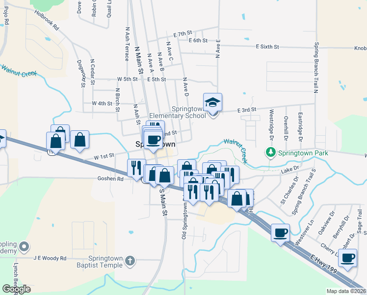 map of restaurants, bars, coffee shops, grocery stores, and more near 306 East 1st Street in Springtown