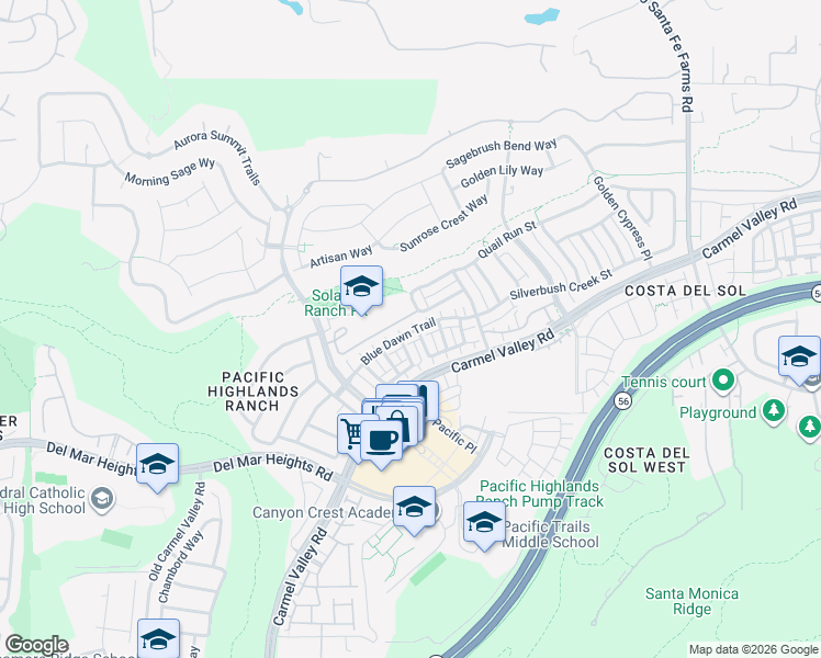 map of restaurants, bars, coffee shops, grocery stores, and more near 6130 Blue Dawn Trail in San Diego