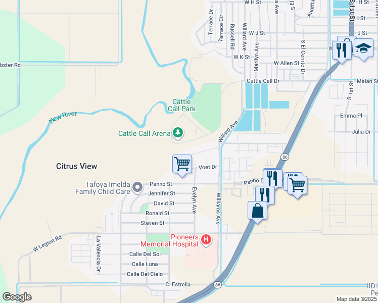 map of restaurants, bars, coffee shops, grocery stores, and more near 825 Rodeo Drive in Brawley