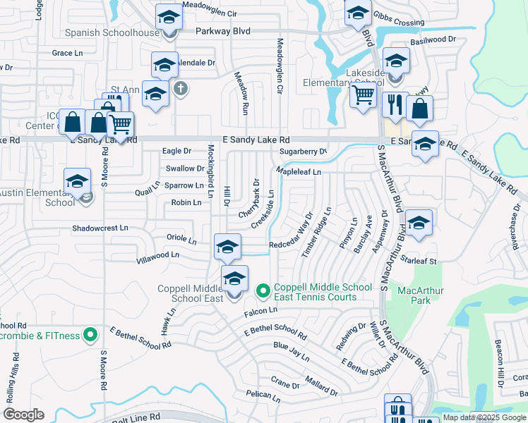 map of restaurants, bars, coffee shops, grocery stores, and more near 229 Creekside Lane in Coppell