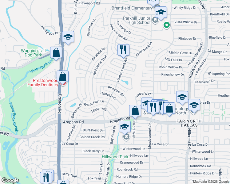 map of restaurants, bars, coffee shops, grocery stores, and more near 6306 Pineview Road in Dallas