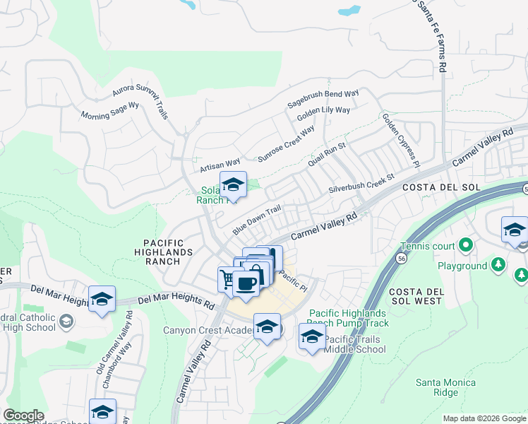 map of restaurants, bars, coffee shops, grocery stores, and more near 6130 Blue Dawn Trail in San Diego