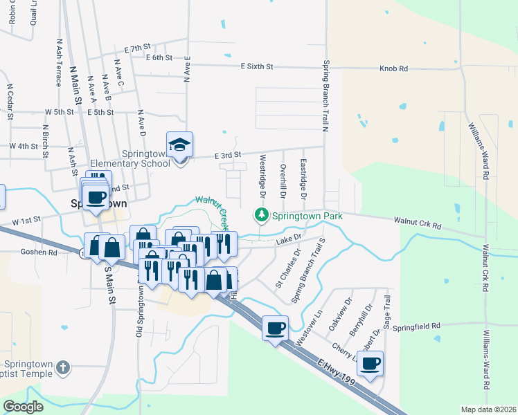 map of restaurants, bars, coffee shops, grocery stores, and more near 109 Westridge Drive in Springtown