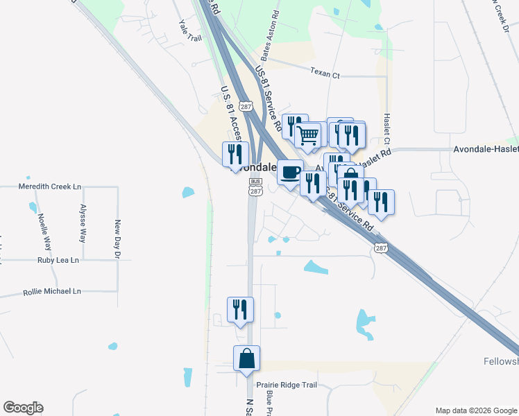 map of restaurants, bars, coffee shops, grocery stores, and more near 13325 U.S. 287 Business in Fort Worth
