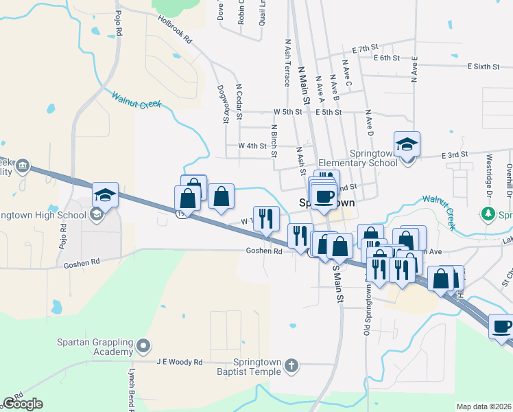 map of restaurants, bars, coffee shops, grocery stores, and more near 300 West 1st Street in Springtown
