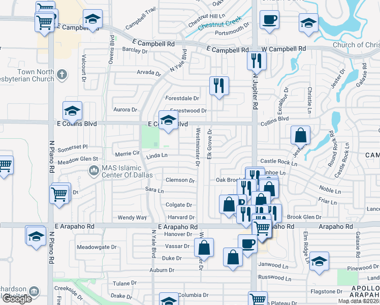 map of restaurants, bars, coffee shops, grocery stores, and more near 1904 Linda Lane in Richardson