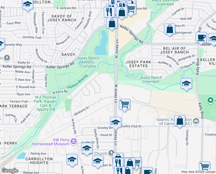 map of restaurants, bars, coffee shops, grocery stores, and more near 1929 North Josey Lane in Carrollton
