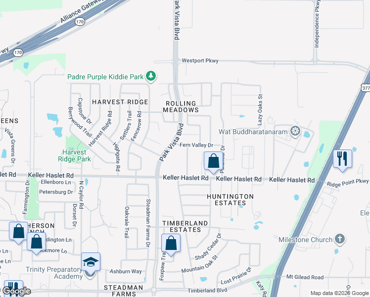 map of restaurants, bars, coffee shops, grocery stores, and more near 13044 Sierra View Drive in Fort Worth