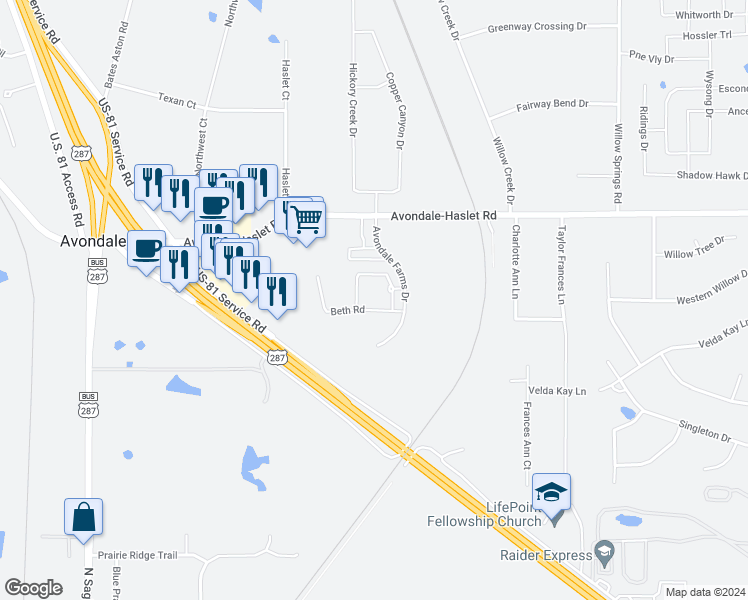 map of restaurants, bars, coffee shops, grocery stores, and more near 2232 Beth Road in Fort Worth
