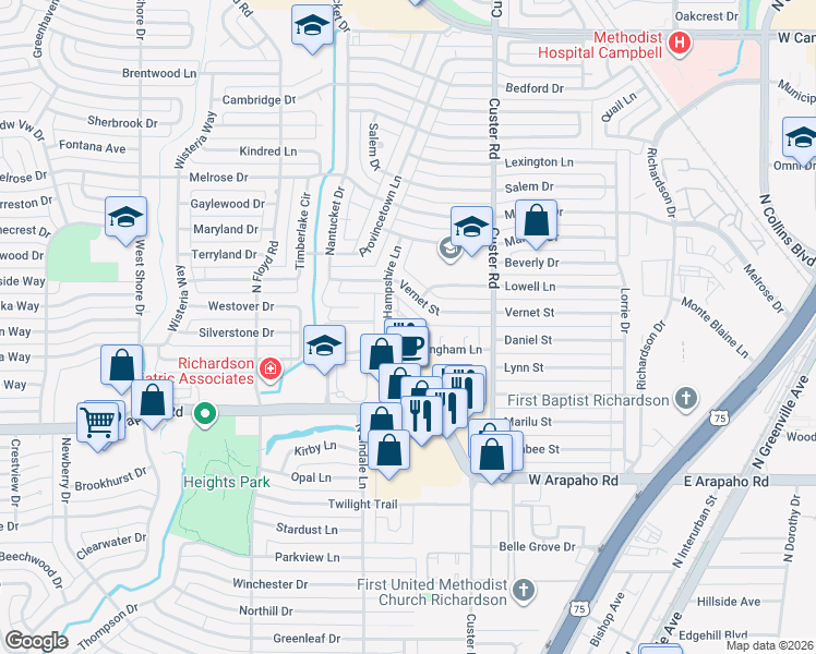 map of restaurants, bars, coffee shops, grocery stores, and more near 530 Rockingham Drive in Richardson