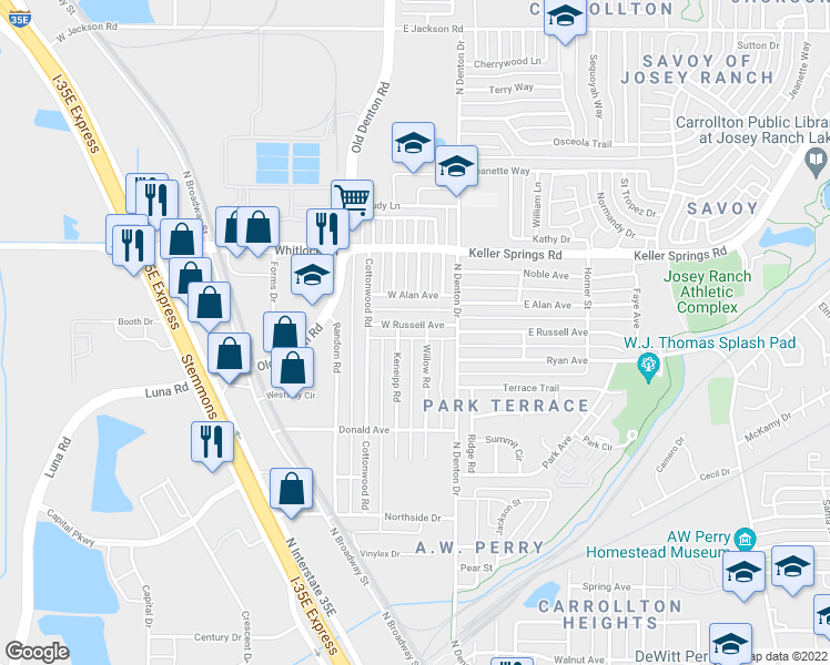 map of restaurants, bars, coffee shops, grocery stores, and more near 1827 Willow Road in Carrollton