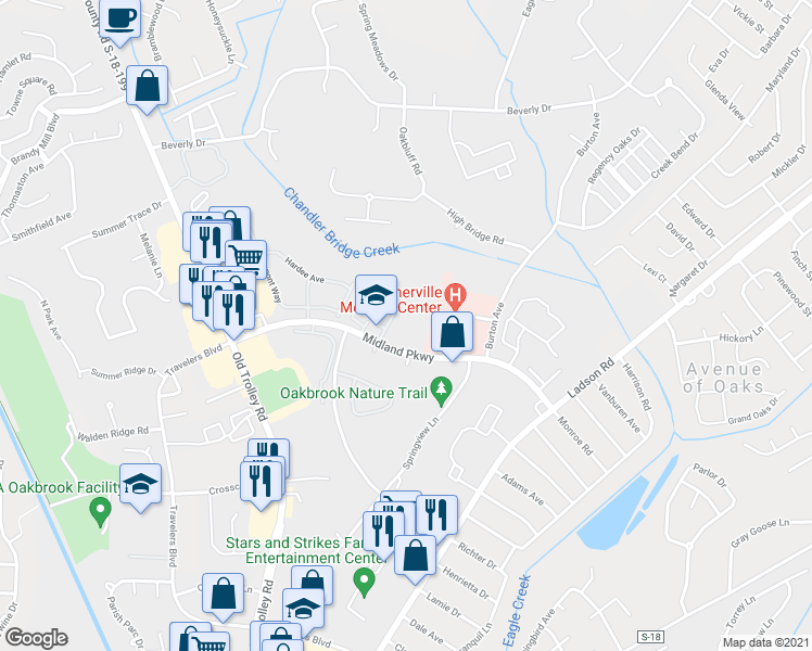 map of restaurants, bars, coffee shops, grocery stores, and more near 255 Midland Parkway in Summerville