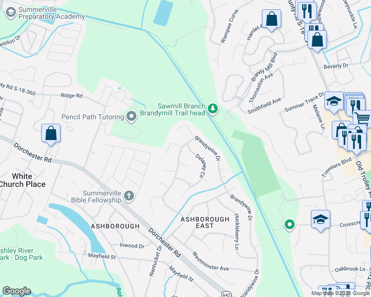 map of restaurants, bars, coffee shops, grocery stores, and more near 104 Delaney Circle in Summerville