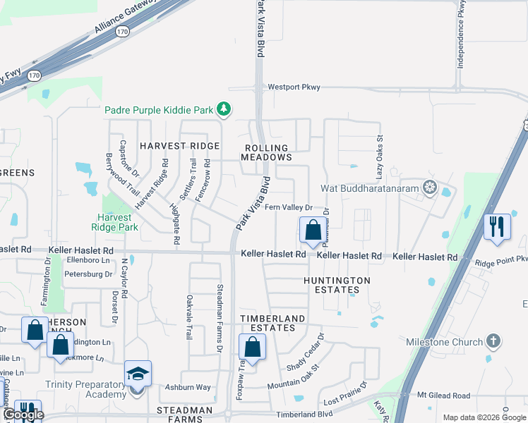 map of restaurants, bars, coffee shops, grocery stores, and more near 4504 Fern Valley Drive in Fort Worth