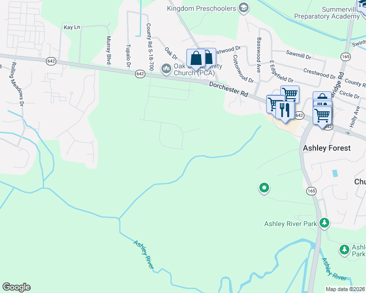 map of restaurants, bars, coffee shops, grocery stores, and more near 125 O Mar Sue Lane in Summerville