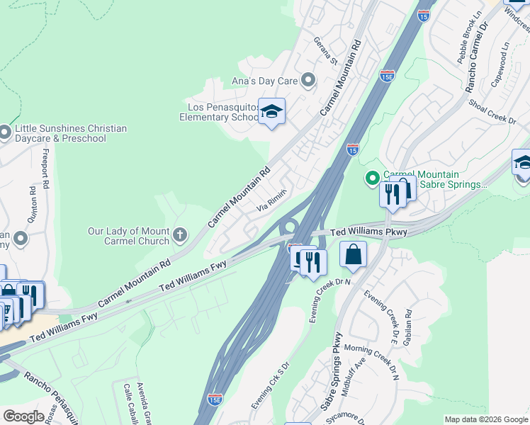 map of restaurants, bars, coffee shops, grocery stores, and more near 13843 Caminito Anzio in San Diego