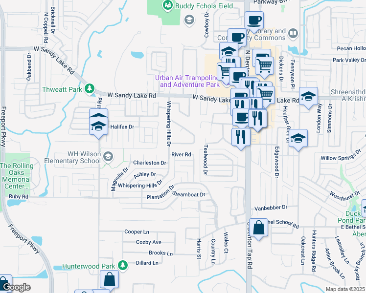 map of restaurants, bars, coffee shops, grocery stores, and more near 212 River Road in Coppell