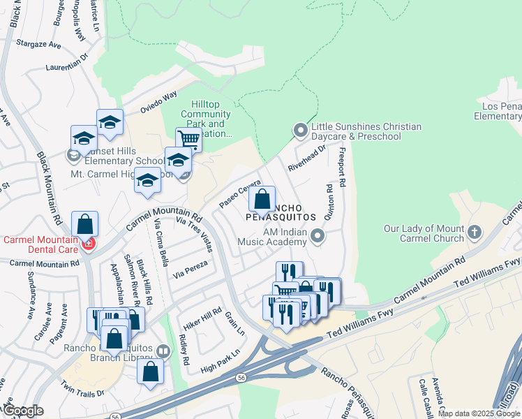 map of restaurants, bars, coffee shops, grocery stores, and more near 9991 Via Daroca in San Diego