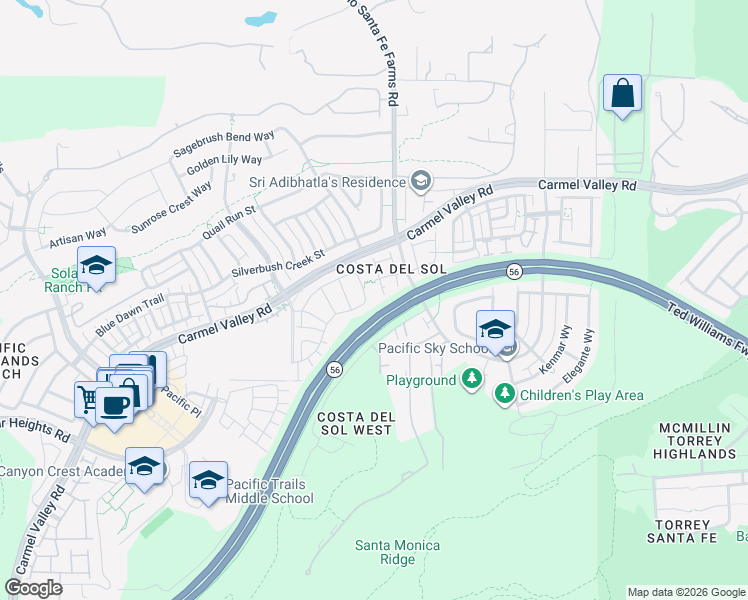 map of restaurants, bars, coffee shops, grocery stores, and more near 6443 Autumn Gold Way in San Diego