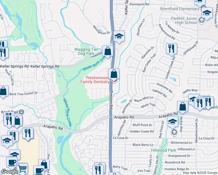 map of restaurants, bars, coffee shops, grocery stores, and more near 5949 Copperwood Lane in Dallas