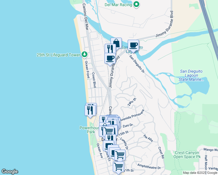 map of restaurants, bars, coffee shops, grocery stores, and more near 1926 Jimmy Durante Boulevard in Del Mar