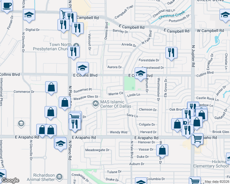 map of restaurants, bars, coffee shops, grocery stores, and more near 5 Merrie Circle in Richardson
