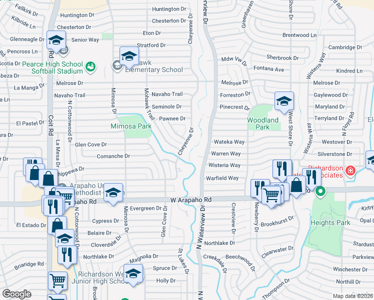 map of restaurants, bars, coffee shops, grocery stores, and more near 1400 Cheyenne Drive in Richardson