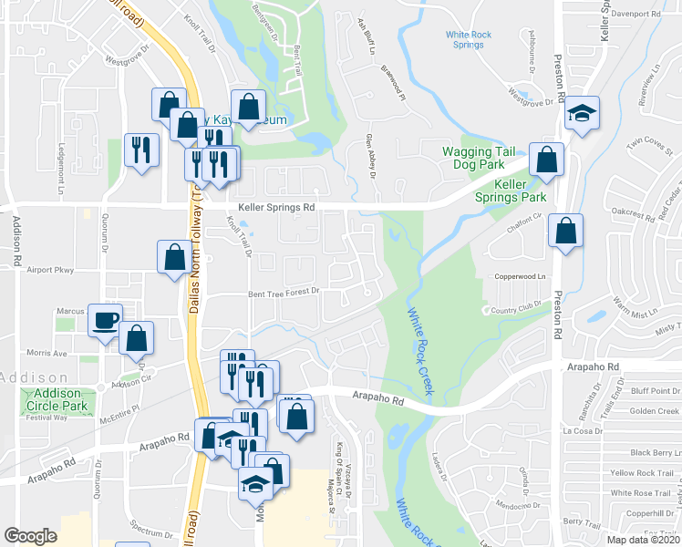 map of restaurants, bars, coffee shops, grocery stores, and more near 15905 Bent Tree Forest Circle in Dallas