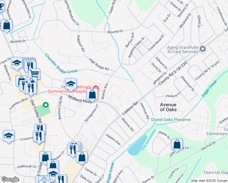 map of restaurants, bars, coffee shops, grocery stores, and more near 325 Midland Parkway in Summerville
