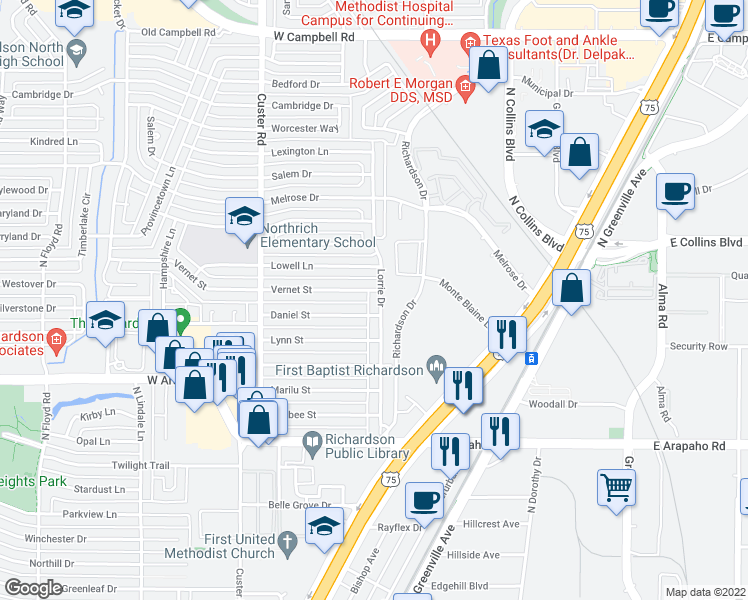 map of restaurants, bars, coffee shops, grocery stores, and more near 1205 Lorrie Drive in Richardson