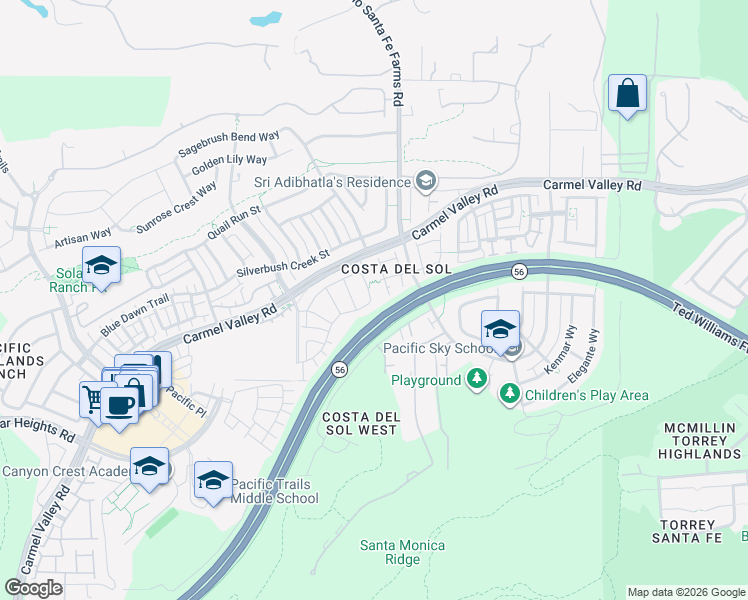 map of restaurants, bars, coffee shops, grocery stores, and more near 6443 Autumn Gold Way in San Diego