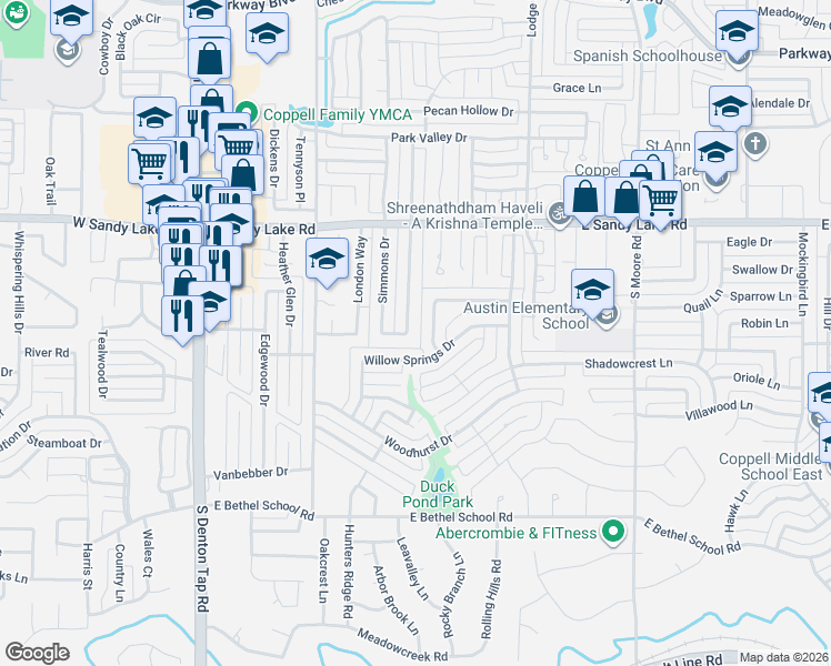 map of restaurants, bars, coffee shops, grocery stores, and more near 185 Simmons Drive in Coppell